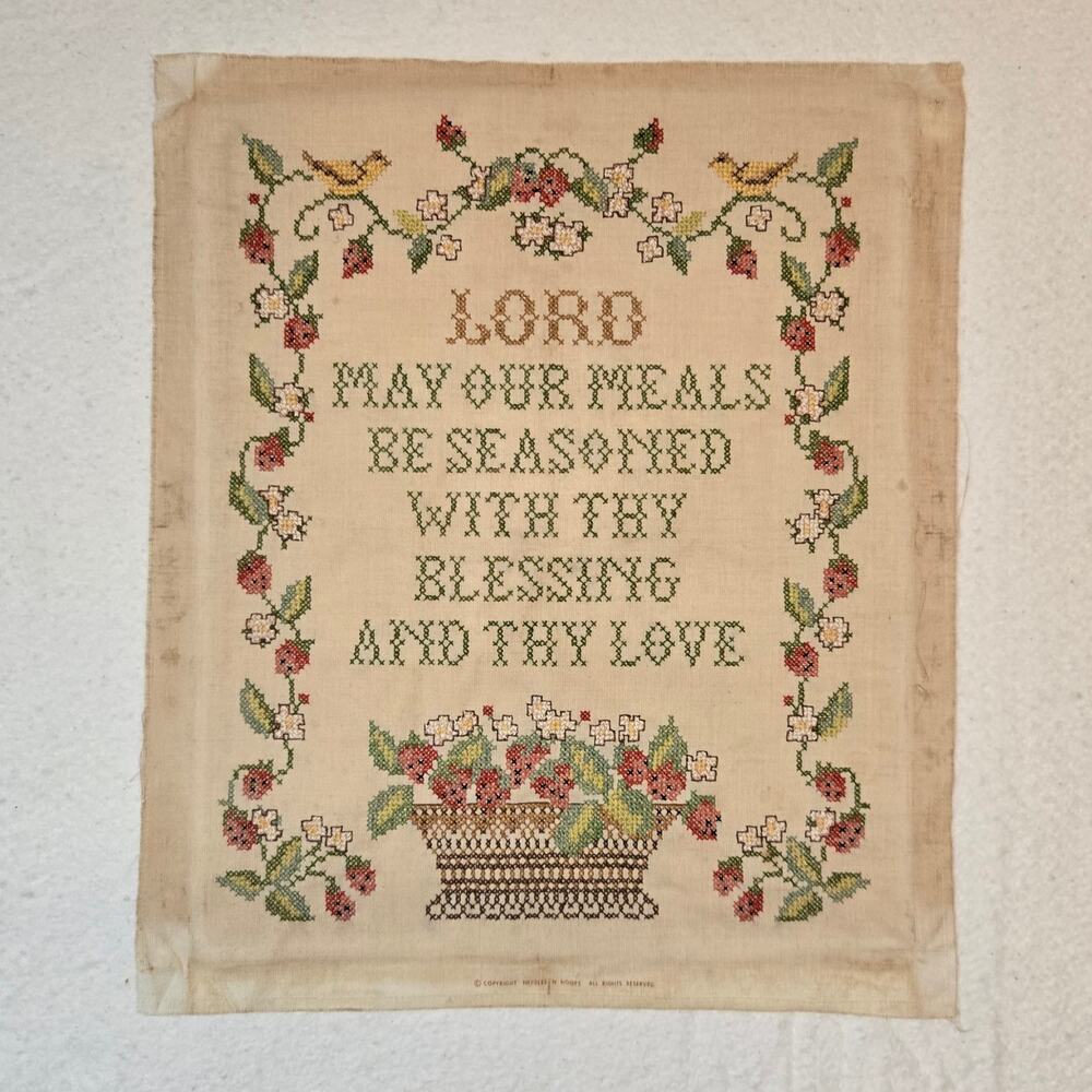 Vintage Completed Cross Stitch Sampler Hand Stitched Unframed Prim Wall Decor